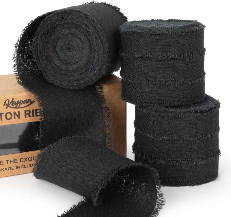 Keypan Black Ribbon 1-1/2" x 15Yd Handmade Fringe Cotton Ribbons for Wedding Invitations, Bridal Bouquets Wrapping, Bow Making DIY Crafts Home Decor for Halloween - Image 1